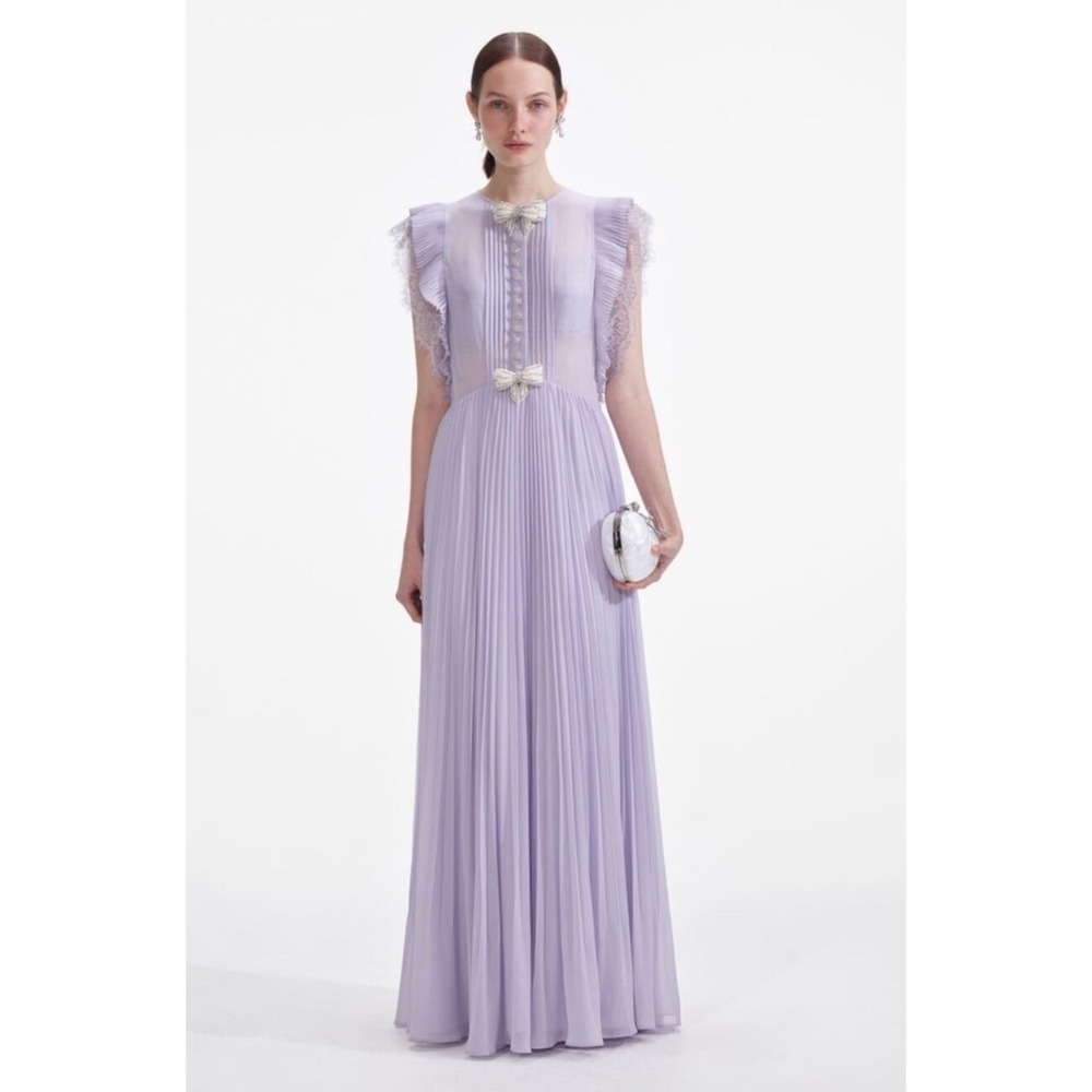 Self-Portrait Chiffon Ruffled Maxi Dress Lilac Pleated Pearl Bow Gown US 8